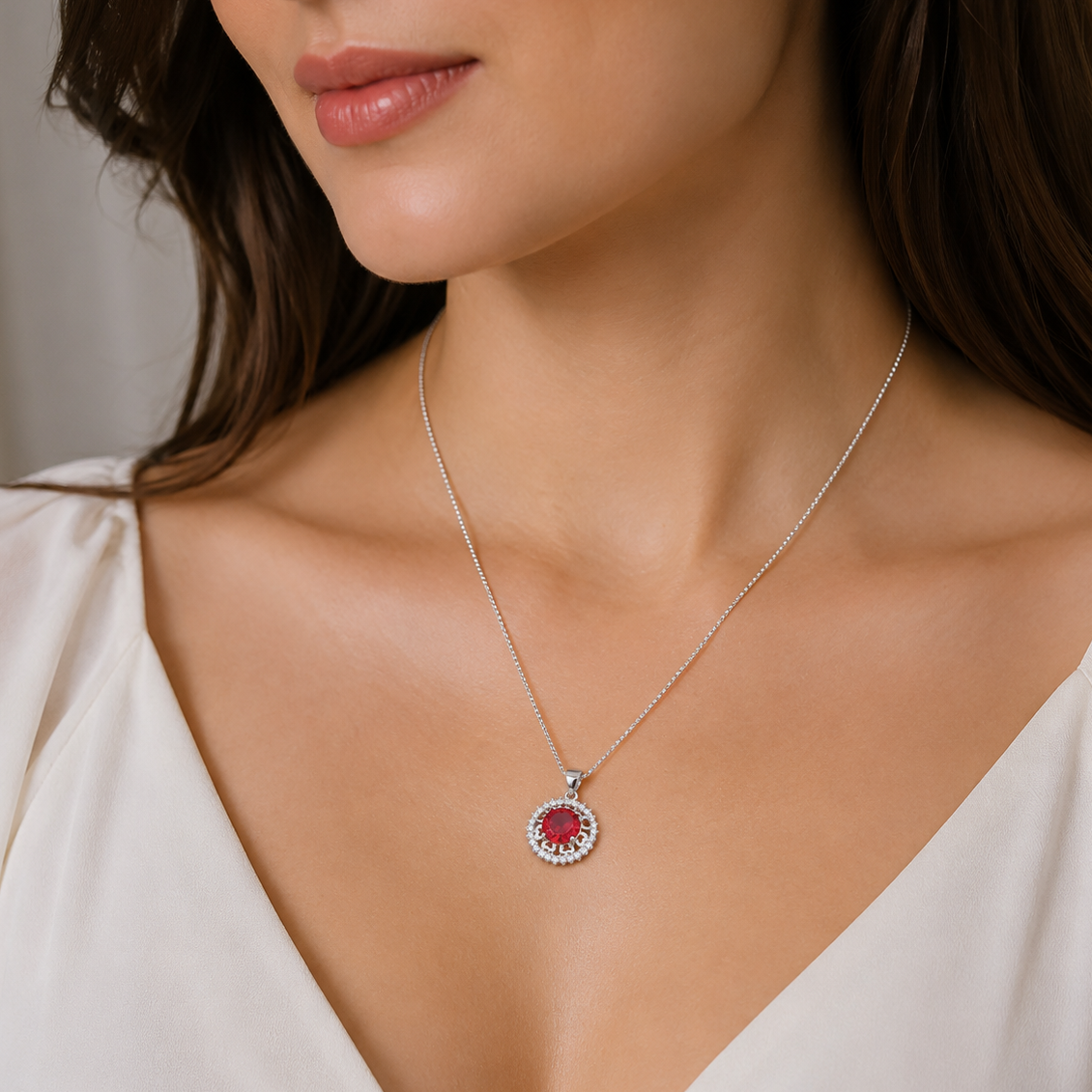 Ruby Floral Halo Pendant Without Chain preview